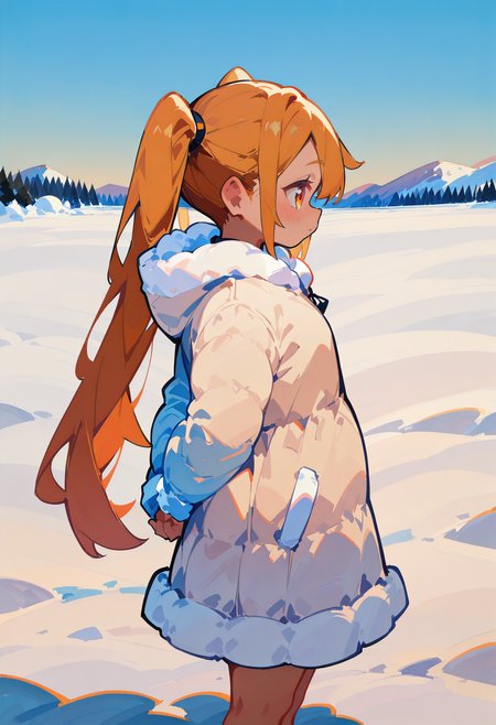 1girl,   golden hair, very long hair,  twintails,   orange eye, tiny breasts,  plump,  
BREAK   1girl, sideview, hands behind back,       
BREAK               onepiece dress, thick fluffy coat,  snowy field, (winter clothes, thick clothes),     
BREAK safe, masterpiece, best quality, very aesthetic, absurdres, highres, newest, <lora:ponyv5_noobV065S_1_adamW:0.7>, <lora:lora:0.4>, <lora:Unstable_v1.0:1.0>