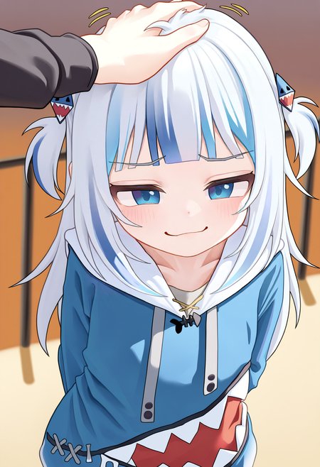 masterpiece, best quality, good quality,
fkey, ugaaaa1, (tenroy:0.8),
gawr gura, gawr gura \\(1st costume\\), 1girl, solo, long hair, looking at viewer, smile, blue eyes, long sleeves, hair ornament, blue hair, upper body, grey hair, multicolored hair, virtual youtuber, hood, blunt bangs, blurry, smug, streaked hair, two side up, sleeves past wrists, hoodie, blurry background, hood down, railing, blue hoodie, shark hair ornament, arms behind back, headpat, (mesugaki, motion lines:1.1), from above,
<lora:illustrious_styles_v3_vpred:1>