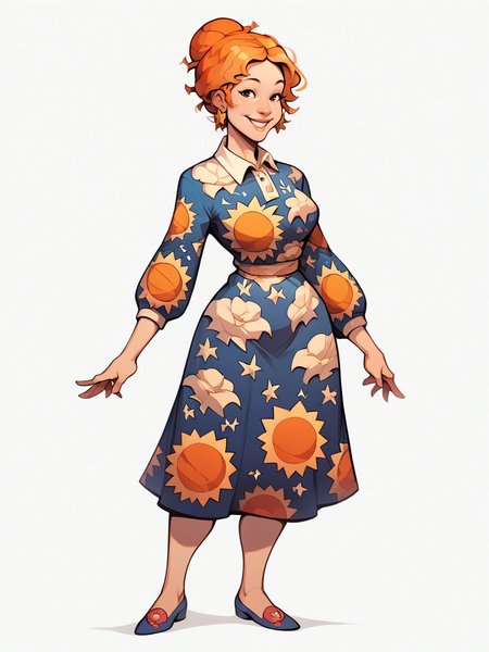 score_9, score_8_up, score_7_up, score_6_up, score_5_up,    <lora:msfrizzleXLP:0.8> ms frizzle, orange hair, 1girl, solo, smile, single hair bun, print dress, curvy, pinup, full body, white background,