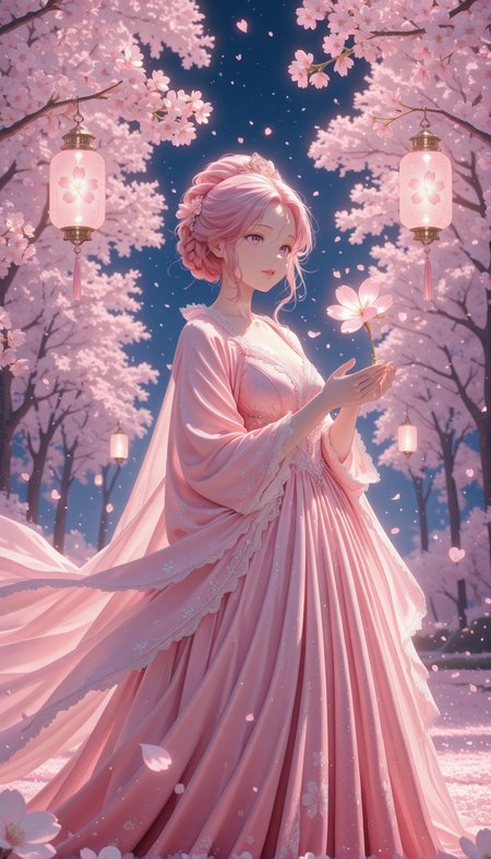 masterpiece, best quality, amazing quality, very aesthetic, absurdres, detailed eyes, newest, pinkenchantedmj, <lora:PinkieEnchantedMJIL:0.8>, 
1girl, pink hair, braided updo, cherry blossom petals, pastel pink gown, gradient hem, floral lace, sparkling sequins, magical garden, blooming cherry blossoms, glowing lanterns, floating petals, gentle breeze