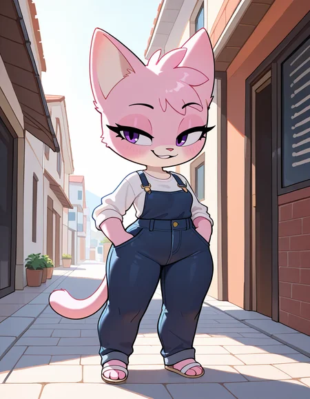 masterpiece, best quality, very aesthetic, absurdres,
outdoors, casual, 
full body, standing, posing,
seductive smile, parted lips, long eyelashes,
 <lora:Jana_v01_NAIXL:1>
J4n4,1girl,solo,furry,furry female,cat girl,cat ears,purple eyes,animal nose,body fur,two-tone fur,pink fur,white fur,cat tail,