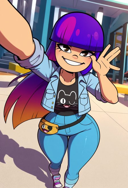 masterpiece, best quality, solo, curvy, beautiful eyes,  narrow waist, wide hips, zzMiko, long hair, purple hair, blunt bangs, multicolored hair,  dynamic angle, foreshortening, close up, smile, looking at viewer,   ,       <lora:MikoKubotaIXL:1.0>, [Urban Street Style], Graphic tee, oversized denim jacket, platform sneakers, fanny pack, Posing at a skatepark as the sunset casts golden hues over graffiti-covered ramps and urban scenery.