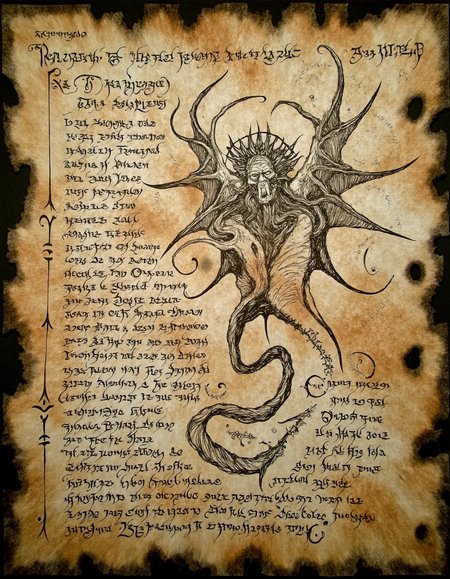 <lora:the_forbidden_book_v10_1500:1>, ncrnmcn, A weathered, scorched parchment describes the Ritual of the Serpent's Wrath