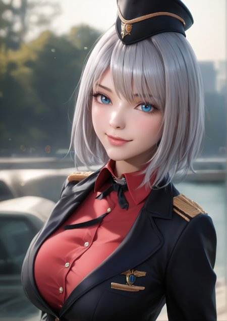 1girl, itsumi erika, huge breast, black headwear, black jacket, blue eyes, blush, closed mouth, dress shirt, garrison cap, grey hair, hat, insignia, jacket, kuromorimine military uniform, looking at viewer, medium hair, military, military hat, military uniform, red shirt, shirt, smile, solo, uniform, upper body, wing collar, 3d,zPDXL3,zPDXLrl <lora:Sevenbees:1>
