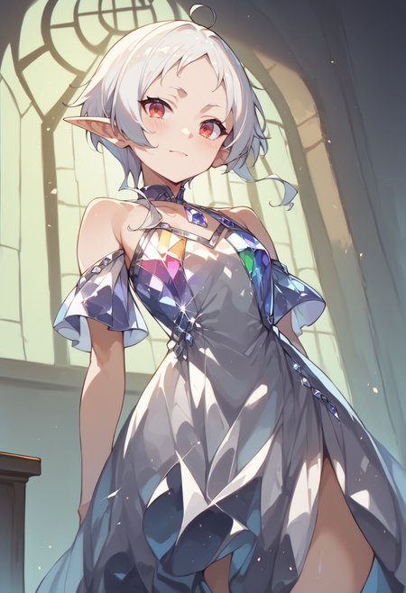 score_9, score_8_up, score_7_up, score_6_up, source anime,
eihplyspnxl, sylphiette \(mushoku tensei\), pointy ears, elf, short hair, sidelocks, light smile,
crystalline dress, bare shoulders, looking at viewer, from below , hip vent,
volumetric lighting, low key, high contrast, dark room, furniture, indoors, vivid color, window,
masterpeice, best quality, very aesthetic, absurdres
<lora:sylphiette:0.6>
 <lora:crystalline_dress-PD-1.0:1>