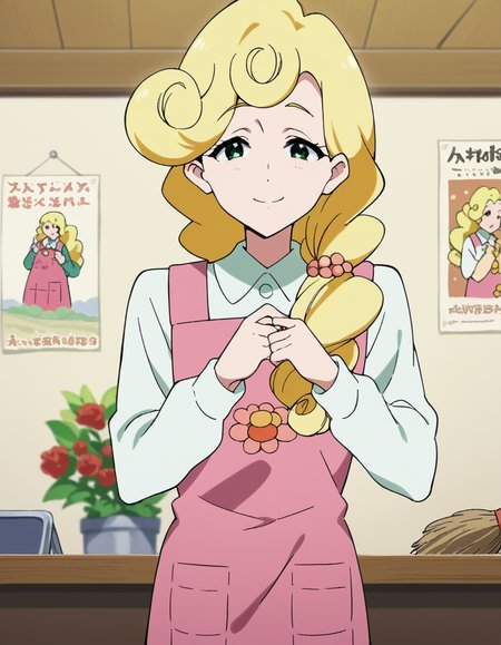 score_9, score_8_up, score_7_up, source_anime, <lora:kaori-hanase-s1-ponyxl-lora-nochekaiser:1>, kaoru hanase, long hair, blonde hair, hair over shoulder, green eyes, curly hair, otoko no ko,, apron, shirt, collared shirt, long sleeves, pink apron, denims, pants,, clubroom, posters, meeting table, decorations, student council, , <lora:seductive-smile-ponyxl-lora-nochekaiser:1>, seductive smile, come hither, naughty face,, looking at viewer, solo,, dutch angle, cowboy shot