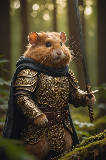 cinematic photo cinematic photo,extremely detailed fur,(holding a gleaming ornate sword:1.85),image of a wise old veteran hamster warrior wearing (shiny intricate armor:1.4) and a dark woolen cloak,haze,sparkles,glow effects,crepuscular rays,raw photo,8k,true 4k,cinematic style,rim lighting,front light,spot light,perfect lighting,chiaroscuro,professional photoshoot,intricate,ultra detailed,in an overgrown enchanted forest,moss,(beautiful flowers:1.3),ferns and vines,extremely detailed background,light shafts,bokeh,hasselblad,70mm,f/2,35mm,raw photo,schneider super cinelux,cinematic  photorealistic,8k uhd natural lighting,raw,rich,intricate details,key visual,atmospheric lighting,35mm photograph,film,bokeh,professional,4k,highly detailed . 35mm photograph,film,bokeh,professional,4k,highly detailed,cinematic  photorealistic,8k uhd natural lighting,raw,rich,intricate details,key visual,atmospheric lighting,35mm photograph,film,bokeh,professional,4k,highly detailed . 35mm photograph,film,bokeh,professional,4k,highly detailed