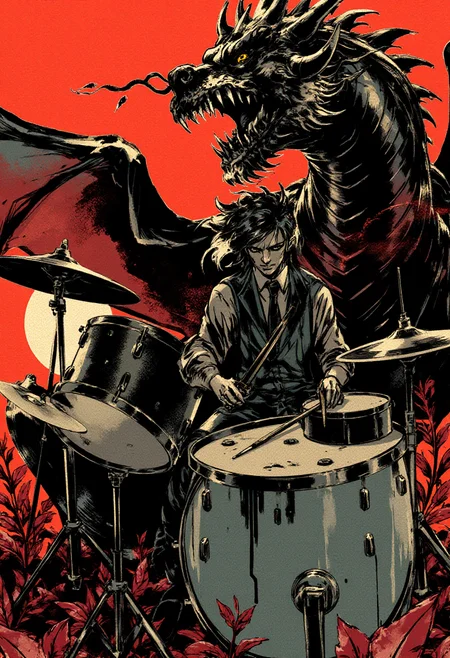 <lora:Yoji_Shinkawa_Style_FLUX-000012:0.8>
This image is a stylized digital illustration with a gritty yshinkawa cyberpunk anime aesthetic, showcasing  a dragon playing the drums