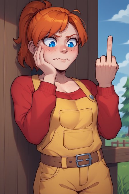 score_9, score_8_up BREAK <lora:NSMechanicTerraria:1> NSMechanicTerraria, blue eyes, orange hair, ponytail, medium hair, red sweater, yellow overalls, long sleeves, brown belt, freckles, hand on own cheek, blush, wavy mouth, looking down, middle finger, outdoors