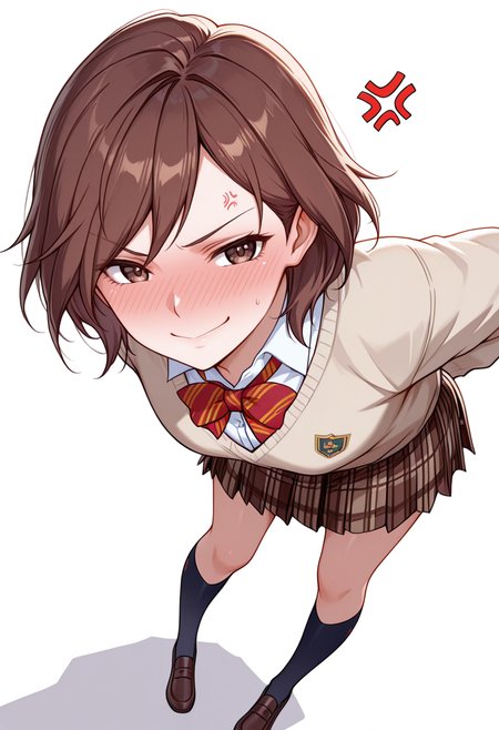 masterpiece,high quality details, absurdres,
 <lora:Hiro_Kurusu_V2:0.8>
hiro_cnr,  1girl, brown hair, short hair, brown eyes,
hiro_s1,pleated skirt, shirt, sweater,bowtie,kneehighs, shoes, plaid skirt,, simple background, white background, from above,solo,, full-face blush,anger vein,, happy face,bent forward at waist,legs spread,