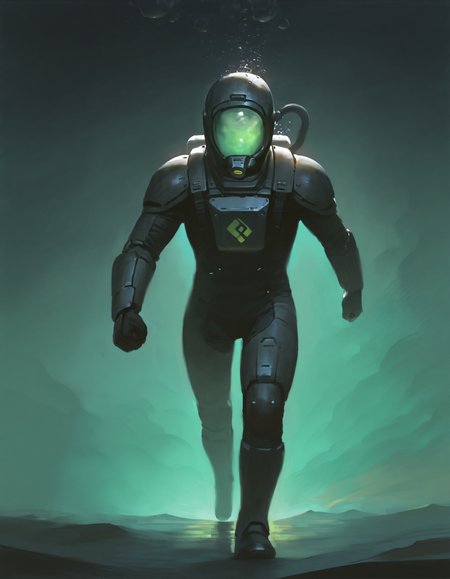 faux traditional media, watercolor \(medium\), painterly, atmospheric perspective,  1boy, diving suit, diving helmet, oxygen tank, power armor, underwater, darkness, horror \(theme\), glowing, walking, air bubble, green theme, black theme,     masterpiece, best quality, very aesthetic, absurdres