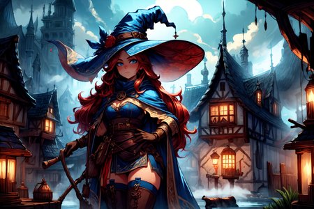 <lora:FantasySettlement:1> fanse, fantasy medieval village, town square, daylight, fog,  <lora:Fantasy_Classes_SD:1> fantasy class, witch, witch hat, cape, gloves, tunic, thighhigh boots, looking at viewer, seductive, best quality, masterpiece, <lora:more_details:0.7>, 1girl, solo, bright red hair, absurdly long hair, blue eyes