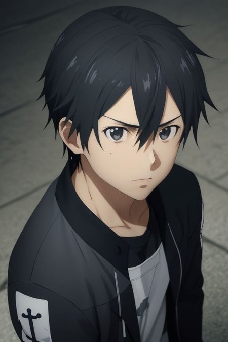 high resolution, solo, best quality, 1Boy, Kazuto Kirigaya, portraits, Black Hair, Black Eyes, casual, seen from above, gangster, dominant, intimidate, OverallDetail