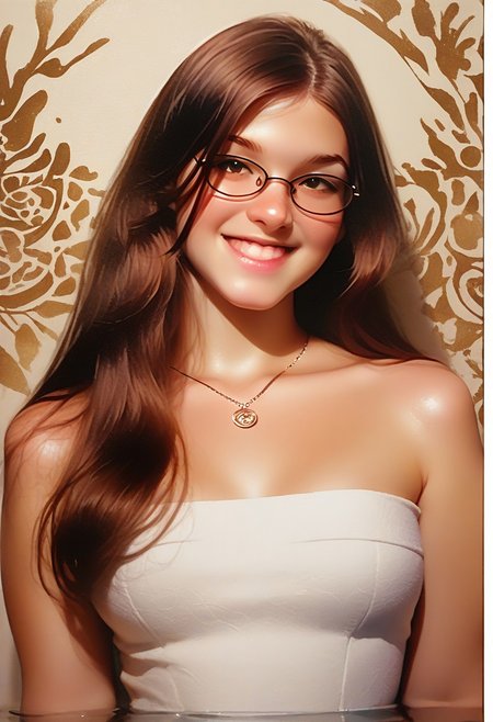 score_9, score_8_up, score_7_up, score_6_up, source_cartoon, 1girl, female, solo, femenine, petite, lean, pale skin, thick nerdy glasses, eyelids brown, brown eyes, soaking wet, long hair, brown hair, smile, diaphonous white dress, bronze necklace, medium breasts, female focus, official style, close up, perfect anatomy, perfect face, standing,  abstract beauty, beautiful, centered, looking at the camera, approaching perfection, dynamic, moonlight, highly detailed, watercolor painting, artstation, concept art, smooth, sharp focus, illustration, portrait