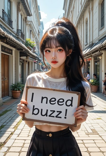 (need_buzz, holding sign), score_9, score_8_up, score_7_up, score_6_up, BREAK 20 years old, ulzzang, masterpiece, masterpiece, ultra-HD, (close up girl), high detail, masterpiece, best quality, usnr,very aesthetic,8k,  sexy pose, long black hair, ponytail, asian girl, pretty girl, korean girl, ((slim body)), cute skirt, cute shirt