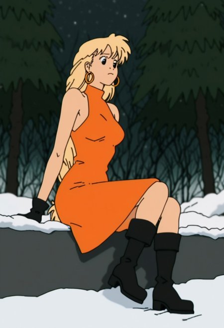 score_9, score_8_up, score_7_up, score_6 
woman, tiffany, kangoo,detailed eyes, detailed face, (retro artstyle, 1990s \(style\), flat color, toon \(style\)),1girl, female, dress, solo, female,black eyes, breasts, outdoors, red dress, snow, tree, signature, medium breasts, sleeveless dress, boots, black footwear, sleeveless, orange dress, closed mouth, bare shoulders, full body, body, alternate hair length, long hair, alternate hairstyle, arm support, gloves, sitting,blonde hair