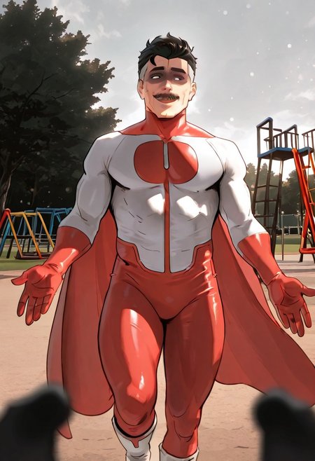 masterpiece, newest,absurdres,incredibly absurdres, best quality, amazing quality, very aesthetic, 
, depth of field, blurry foreground, bokeh,park, playground, palmeras, solo, 1 ,male, muscle male,
Omnimman,skintight suit, red O shaped chest emblem,red gloves, red colored suit's lower part, red cape, white boots,moustache, old man, gray hair, Nolan grayson, black hair on top,Multi colored hair,
,flying, extended hands, happy, smile, cute,
re4lity_sync_illu,shaded face, (black face:1.2),