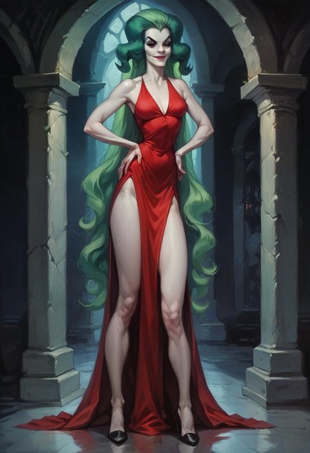 score_9_up, score_8_up, score_7_up, score_6_up, solo, apparitia, (long veil), green hair, red dress, high heels, standing in a (spooky old mansion), hands on hips, sexy smile, (painted art), (realistic)