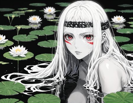 (Masterpiece:1.3), (best quality:1.2), (detailed background:1.1), (intricate details:1.1), (detailed background:1.2), 1girl, solo focus, (white hair:1.2),(pale skin:1.3), (white skin:1.5),eye detail,eye reflection,1girl,solo,mysterious,vivid color,shiny,(long messy white hair), messy long hair,light red eyes,(reflective eyes),water lily pond,water lily,, (lighting flare), score_9_up, score_8_up, score_7_up,score_6_up, m4kyuk1, monochrome, <lora:Makoto_Yukimura:0.9>, <lora:Abstract:0.3>, <lora:add-detail-xl:1>