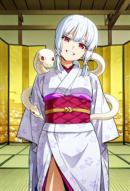 Smooth Quality - Illustrious, sfw,
anime, illustration, nadeko, red eyes,medium hair,white hair,snake hair,albino, 
<lora:NSFWFilter_illusXL_Incrs_v1:-1>
<lora:Snake_on_Shoulders:0.8> sn4k3, snake on shoulders, large snake, white snake,
1girl, solo, standing, cowboy shot, alluring pose, 
japanese clothes, white kimono, furisode, floral print, 
looking at viewer, head tilt, beautiful smile, grin,
golden folding screen, zabuton, tatami,
