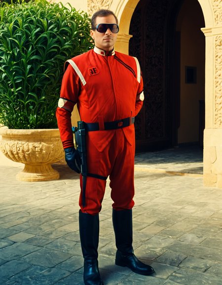 UHD, 8K, ultra detailed, highly realistic photo of UHD, 8K, ultra detailed, full body shot, highly realistic photo of  man wearing sunglasses with red  uniform  ,OverallDetailXL <lora:VTVSeries_SDXL_v1:1>