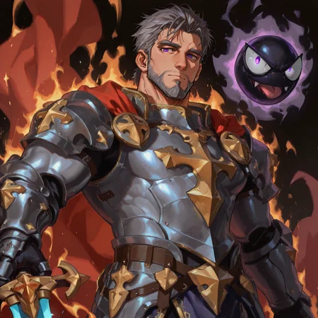 <lora:Gastly_2:1>, PKMN_Gastly, black eyes, 1other, man holding gastly, 
<lora:face_Cadanova_Alchemist_Code_repair-000003:.8>, (tagatamecadanova, 1boy, short hair, grey hair, purple eyes, solo, male focus, mature male, muscle body, bara, armor, cape, greadsword, holding sword,)
(very short hair, beard, bara, mature, facial hair, stubble, beard, full beard, sideburn, beard, a lot of beard, ), facial hair,male focus, muscular male, muscular male, bara, mature,  bara, mature, aixiwuganda_(20222192), very awa, masterpiece, best quality, absurdres, newest, perfect quality, detailed background, intricate details,
<lora:slider_Body Type_alpha1.0_rank4_noxattn_last:3><lora:Anime Summer Days 2 Style SDXL_LoRA_Pony Diffusion V6 XL:.6><lora:slider_cfg_scale_boost:.7><lora:Artist6p:.55>, Artist6p, Artist04p,<lora:slider_il_brightness_slider_d1:-1><lora:slider_il_contrast_slider_d1:-1><lora:slider_DarkSlider1.2_alpha1.0_rank16_full_300steps:-.6>