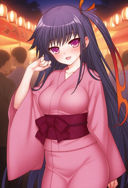 ((safe)), 1girl,  (yukimasa_muramasa, yukata, medium breasts), blush, smile, open mouth, sweat, festival, shiny skin, best quality, amazing quality, very aesthetic, absurdres,   <lora:yukimasa_muramasa_ill:1>