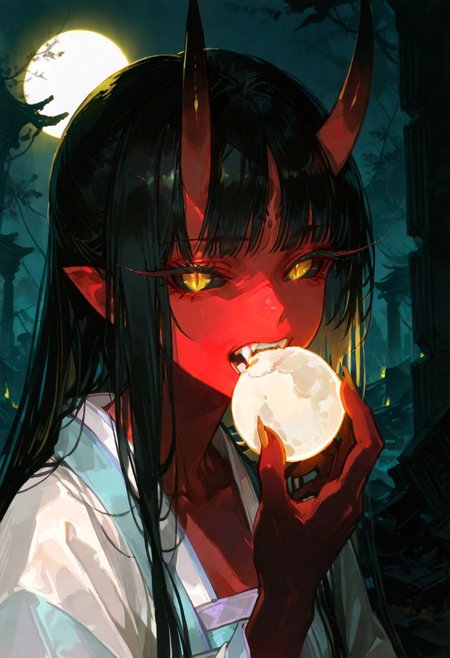 masterpiece, best quality, good quality, newest, highres, absurdres, volumetric lighting,gradient color,
BREAK 
raytracing, volumetric lighting, ambient occlusion, Background, girl, 
BREAK
Aka-Oni, oni, colored skin, (red skin:1.3), straight horns, solo, long hair, hanfu, elegant hanfu, 
 evil eyes, evil, bullying, sinister, (long eyelashes:1.2), colored eyelashes, glowing yellow eyes, (slit pupils:1.2), black sclera,  fangs,
close up, face focus, ruined cities, ruins, high contrast, drastic lighting, minimalism, holding moon with teeth, moon in mouth, eating moon, glowing moon, looking at viewer,