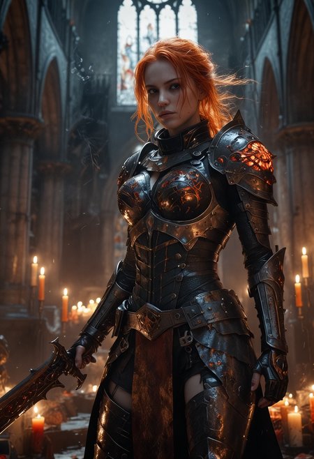 Grimdark digital portrait. Close-up full body. A heavily armored female warrior, chaos magic swirling around her, standing in a dark, ruined cathedral. Ultra high contrast. Fiery, hellish glow of chaos magic illuminates her dark, gritty armor. Gritty, smoldering embers of candles and broken stained glass behind. Vivid, fiery red and orange hues, contrasting with deep blues and blacks. Epic composition, ultra HD resolution, Greg Staples and Dan Mumford style, particles and volumetric lighting effects, RTX ON, hi-tech dark sci-fi, gritty, dramatic, intense, cinematic, dystopian, chaotic, atmospheric.