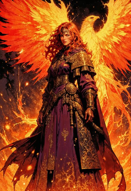 Clad in robes of flickering flame and adorned with golden runes, the Emberheart Sorceress is a walking inferno of power and passion. Her fiery red hair crackles like a living blaze, and her molten gold eyes burn with the intensity of an eternal fire. At her side soars a magnificent phoenix, its feathers ablaze with hues of crimson, orange, and gold. With each beat of its wings, embers rain down, igniting the air with sparks of magic. Together, they embody rebirth and destruction, their presence heralding either salvation or ruin, depending on the hearts of those who stand before them. <lora:RetroAnimeFluxV1:0.6> <lora:Comic book V2:0.6> <lora:FluxMythG0thicL1nes:0.6>  <lora:Elden_Ring_-_Yoshitaka_Amano:0.6>