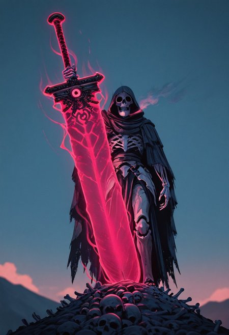 Monochrome with color spots, cinematic close-up, masterpiece, best quality, ultra high quality, intricate detail, hyperrealistic textures, highres, medieval dark fantasy style, skeletal warrior with a colossal bone greatsword, intricately carved with ancient runes, motion lines for immense force, tattered flowing cloak billowing in the wind, weathered bone armor with cracks and scars, standing atop a mound of skulls, hollow eyes glowing faintly with ghostly light, ominous blue sky with wispy, translucent clouds, birds circling in the distance, dynamic pose, bone sword crackling with necrotic energy, white and pastel red color grading, subtle sketch texture, cinematic lighting, hatching for depth, battle-worn appearance, tension-filled air, volumetric lighting, dramatic atmosphere, film grain, depth of field, ultra-sharp details, 8k resolution, ArtStation trending, award-winning composition.