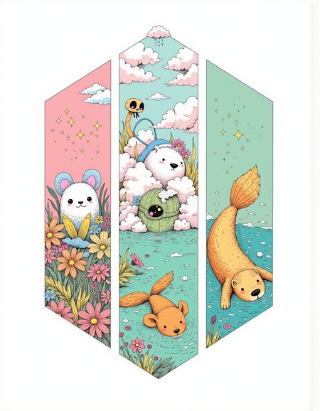 A triptych graphic illustration split into three equal geometric-shaped panels. Geometric asymmetrical division of a three-part artwork that fluidly showcases three unique fictitious creatures: a fluffy cloud sprite, a tiny forest guardian, and a playful sea otter. The cloud sprite panel features an adorable creature made of soft, white fluff with pastel blue accents, floating among whimsical clouds. The forest guardian panel features a small, chubby creature with oversized ears, a green leafy body, and sparkling amber eyes, surrounded by vibrant flora. The playful sea otter panel features a charming otter with a shiny, golden-brown coat and bright, curious eyes, floating on its back in crystal-clear water with a playful turquoise theme. An overall whimsical, neo-seventies story arc with muted colors represents each creature's lore and identity.
<lora:Glitchcore_Flux:0.4> gl1tchc0re <lora:Darkcore:0.4> darkcore <lora:Poisoncore Flux:0.4> poisoncore <lora:creepcute-000001:0.5> cr33p  <lora:Dieselcore:0.3> d1eselc0re