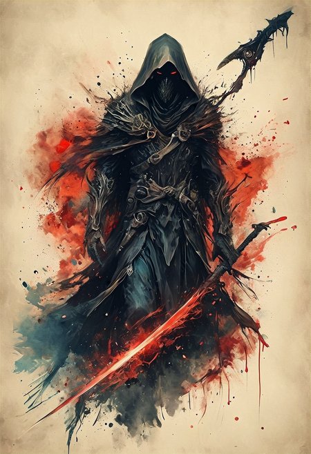 atmospheric scene, a dark hooded figure wearing a tattered cloak, armor can be glimpsed under cloak, (gripping a long ominous scythe with hand:1.5), The Hood obscures the face completely, evil red eyes glowing like fire within the hooded void, predominantly black and white with red, shades of gray adding depth and texture, The background is abstract, filled with wisps of shadows and splatters of ink, gusts of divine wind swirl around in faint shades of blue, mystery and foreboding that surrounds the figure. (The scythe though dark glows brightly), deadly sharpness, Niji, aidma-niji, ral-dissolve, (ink-style, ink_wash_painting),