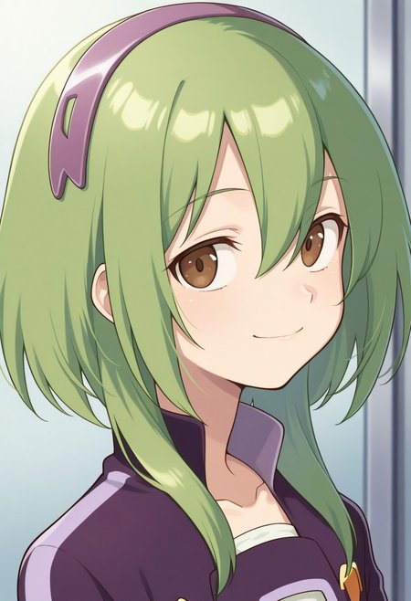 masterpiece,best quality,amazing quality, source_anime, 
FutabaTsukasa, 1boy, male focus, solo, brown eyes, green hair, hairband, collarbone, white shirt, purple jacket, cropped jacket, portrait, smile,