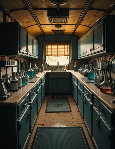 The interior of an old RV converted into a clandestine drug laboratory, inspired by the TV series Breaking Bad. The space is cramped and messy, filled with scientific equipment, glass beakers, flasks, burners, chemical containers, and lab tools scattered around. The walls are aged and stained, with peeling wallpaper and old metallic cabinets. A small sink area is cluttered with dirty lab glassware. The lighting is dim and tinted yellow, with sunlight barely filtering through dusty blinds. The floor is grimy, with a mix of rubber mats and worn carpet. The overall atmosphere is tense and gritty, capturing a sense of secrecy and danger. Hyper-realistic style, cinematic composition, rich in textures and shadows.
<lora:SDXLFaeTastic2400:0.4> <lora:extremely_detailed:0.4> extremely detailed,old RV drug l4b0r4t0ry, <lora:old_RV_drug_l4b0r4t0ry-i:1>, Masterpiece,best quality,hi res,8k,hi res,8k,award winning,(sharp focus, intricate, highly detailed),