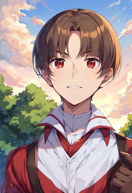 score_9, score_8_up, score_7_up, source_anime, highly detailed, 
deimne, solo, 1boy, male focus, straight hair, brown hair, fringe, stripe, hair, Red eyes, large hair, parted middle bangs, middle stripe,  gloves, looking at viewer, brown gloves, pantyhose, whit panthyhose, shirt, white shirt,  Red tunic, Bob cut,  hair middle stripe,
outdoor, sky, tree, clouds, Parted bowl hair