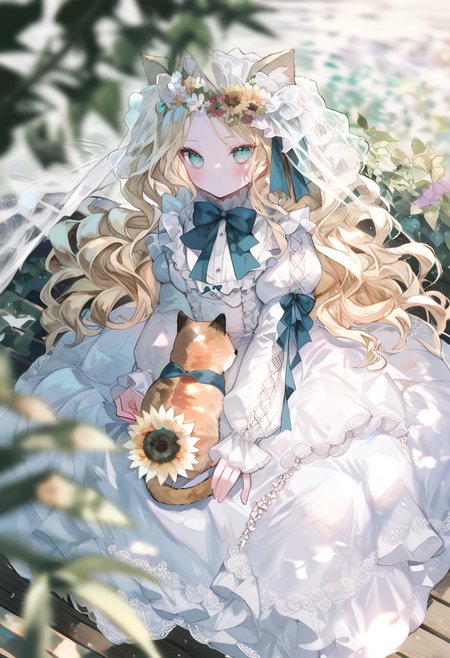 score_9, score_8_up, score_7_up, score_6_up, <lora:oninekoXL_TPN55_lokr_V43P1:0.95>   1girl, flower, cat, dress, solo, long hair, white dress, sitting, bow, long sleeves, looking at viewer, animal ears, blonde hair, frills, blue eyes, blue bow, animal, puffy sleeves, cat ears, veil, blush, bowtie, ribbon, closed mouth, blurry, white flower, outdoors, on lap, hair ornament, head wreath, very long hair, sunflower, hair flower, wavy hair, aqua eyes
