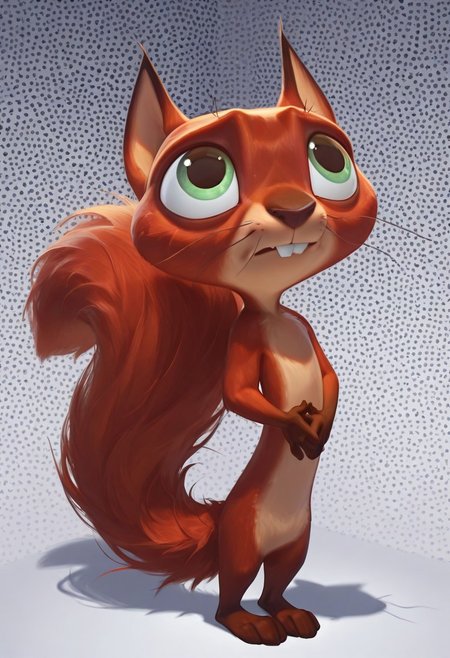 masterpiece, absurdres, amazing quality, photorealistic, ultra-detailed, solo, male focus, from above, high-angle view, chibi, furry male, 1boy, chip_superpet, red fur, green eyes, crooked whiskers, chipped tooth, buck teeth, fluffy tail, slim, body fur, brown hands, brown feet, naked, no penis, cute, full body, standing, looking up, shy, nervous, timid, own hands together, leaning back, pigeon-toed, tail wrap, 
BREAK 
psychedelic background, patterned background, g0thic, neon, shadow, detailed shading, WaiIL25PosC
