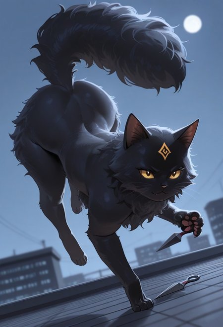 high_quality, highres, detailed, masterpiece, best quality, absurdres, cute black fluffy cat,   grabbing kunai in paw,  dynamic pose, moonlit rooftop, intense eyes