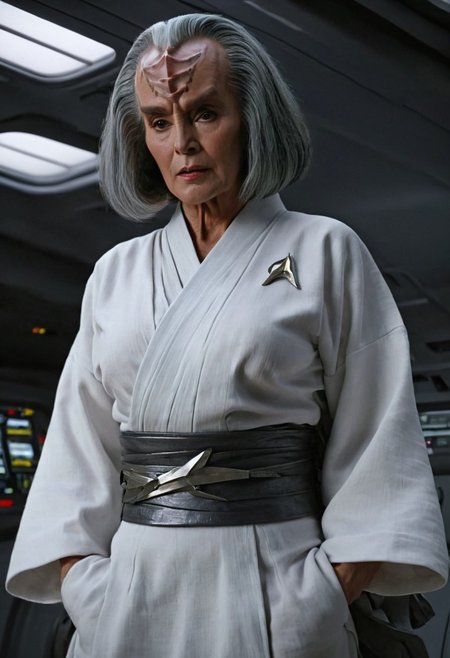 old Klingon female, flashing her breasts and nipples, grey hair, 8k, high resolution, cinematic scene, on a spaceship, white cotton kimono style uniform, kimono open clothes in the front exposing her breasts, very detailed face, detailed eyes, matching eyeballs++, detailed irises, dark lighting, dark hair, (mouth closed).