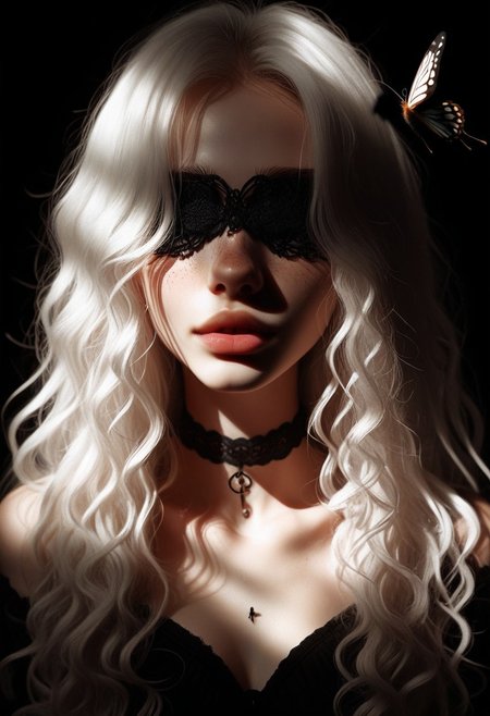 score_9, score_8_up, score_7_up, BREAK, 1girl, white hair, long hair, bug, butterfly, choker, lips, wavy hair, butterfly on face, facing viewer, covered eyes, upper body, dark theme, freckles, sunlight creates contrast with the dark theme, adding depth to her realistic features, pvdlle