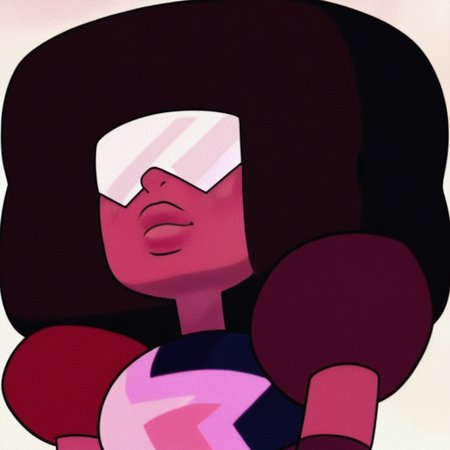 thick lips, black hair, multi colored bodysuit, Garnet, red skin, shoulder pads, 1girl, glasses, cube shaped Afro, long gloves