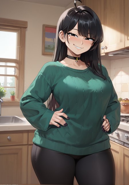score_9, score_8_up, score_7_up, rating_explicit, zPDXL2,  zPDXLxxx, zPDXL3, source_anime, 
<lora:KukiSanban:1>, kuki sanban, numbuh 3, long hair, black hair, ahoge, black eyes, 
choker, green sweater, sleeves past wrists, black leggings, 
black eyes, smile, blush, smug, 
hands to hips, black nails, nail polish, 
indoors, kitchen, 
thick thighs, wide hips, mature female, standing,