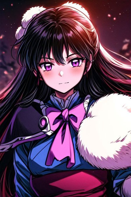masterpiece,  best quality 1girl Setsun4 solo long hair,  (night time) forest background black hair very long hair purple eyes multicolored hair armor (fur trim) (medium body),<lora:EMS-179-EMS:0.800000>,<lora:EMS-293862-EMS:0.800000> bow, hair_bow, hair_tubes, red_bow, brown_hair, long_hair, bangs, ascot, frilled_bow, yellow_ascot, blush, smile, hair_between_eyes, athletic