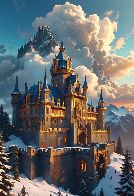 bright colorful, ultra fine detail, swirling clouds, Artstation trending, art nouveau, raytracing, highly detailed and intricate, golden ratio, dark gradient ink with intricate designs, hypermaximalist, luxury, elite, English castle, majestic, defended, snow, ephemeral, opalescenct, labradorite, cinematic, cgsociety : sunbleached, high definiton. mountain, blue skies,