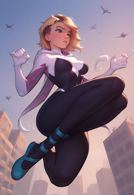 score_9, score_8_up, score_7_up, score_6_up, score_5_up, score_4_up, spider Gwen, swinging through the city, medium breasts, view from above looking down, midnight