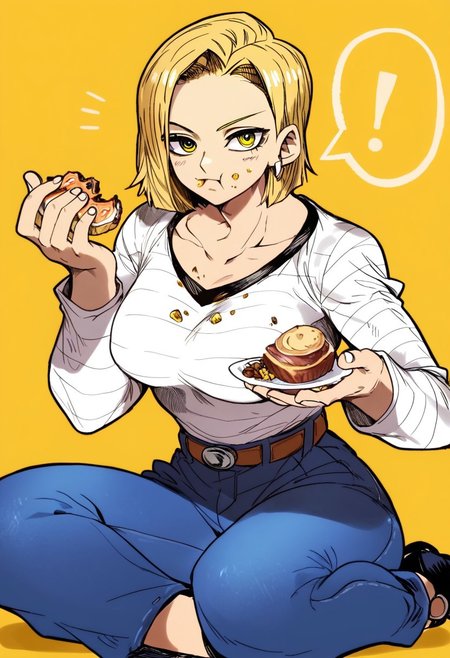 score_9, score_8_up, score_7_up, source_anime, hi res, masterpiece, best quality, highres, Ys_Style, 1girl, large breasts, android 18, short hair, yellow background, eating, looking at viewer, food on face, yellow eyes, !, simple background, belt, pants, long sleeves, denim, holding food, sitting, speech bubble, spoken exclamation mark, shirt, striped, jeans, collarbone