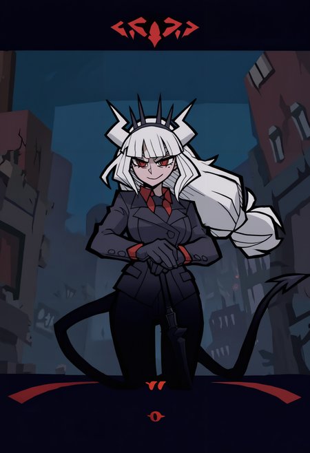 masterpiece, best quality, newest, hdr, dark, night, cityscape, building, city lights, outdoors, 1girl, solo, lucifer \(helltaker\), black suit, red necktie, black collared shirt, black gloves, blunt bangs, demon horns, demon girl, demon tail, sharp teeth, red eyes, white hair, long hair, 
holding sword, planted sword, hands on hilt, straight-on
co0p1r, game cg, game screenshot, fake screenshot <lora:Sly Cooper Style:1>