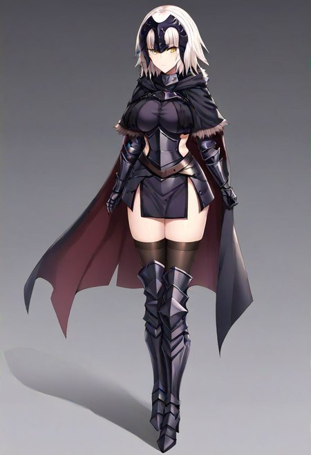 Jeanne_Armored, white hair, short hair, yellow eyes, headpiece, black armor, breastplate, short dress, armored skirt, vambraces, underbust, metal collar, fur-trimmed capelet, cloak, belt, scabbard, thighhighs, armored boots, thighhighs under boots, 
masterpiece, best quality, very aesthetic, absurdres, 1milf, 1adult, solo, full_body, tachi-e,