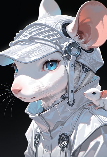 masterpiece, best quality, newest, highres, absurdres,focused subject,no lineart, no outline, solo, looking at viewer, blue eyes, simple background, closed mouth, no humans, animal, black background, portrait, animal focus, ears through headwear, mouse, whiskers, clothed animal, chromatic aberration, white theme,limited palette,from side,4ki4k4ne_illu